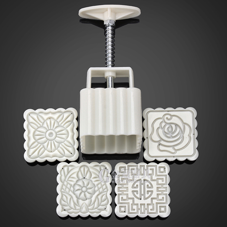 手按压式塑料 月饼模具 带4花片 100克5头方形