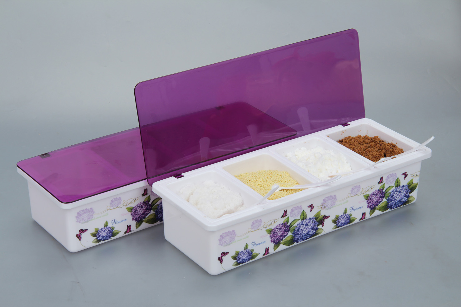 紫阳花拆式调料盒配勺子翻盖四格塑料调味盒