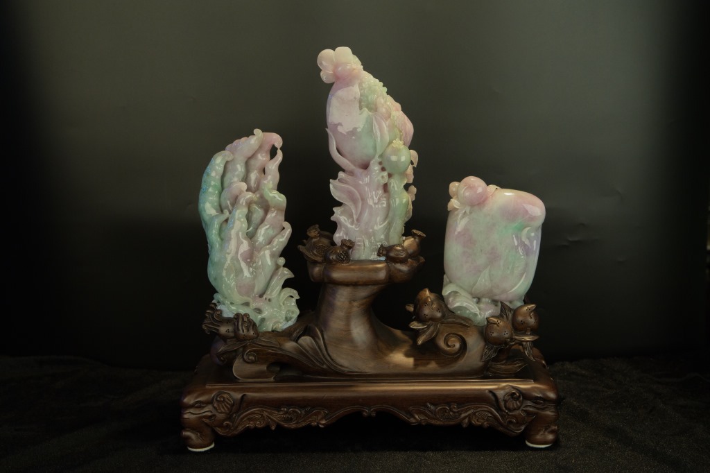 缅甸玉天然翡翠a货 老料糯底翡翠摆件 福禄寿三多 可出证书