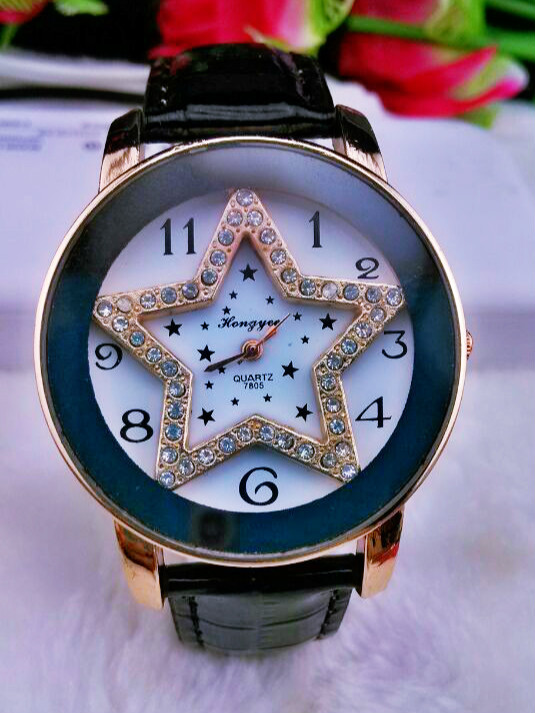 韩版时尚爆款五角星镶钻表盘石英指针女士皮带手表支持代发#8
