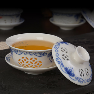 创意中国结景德镇水晶青花玲珑镂空陶瓷八宝功夫茶具三才盖碗茶杯