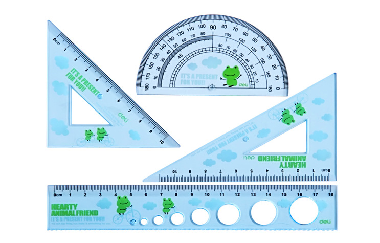得力仪尺 得力 9619学生套尺 卡通 直尺 三角板 量角器