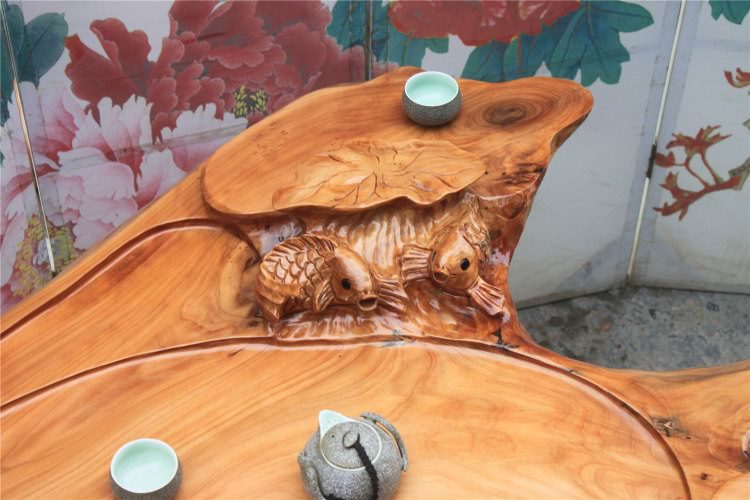 鱼戏莲花 根雕茶几 杉木树根茶海 实木树桩茶台 茶艺功夫泡茶桌