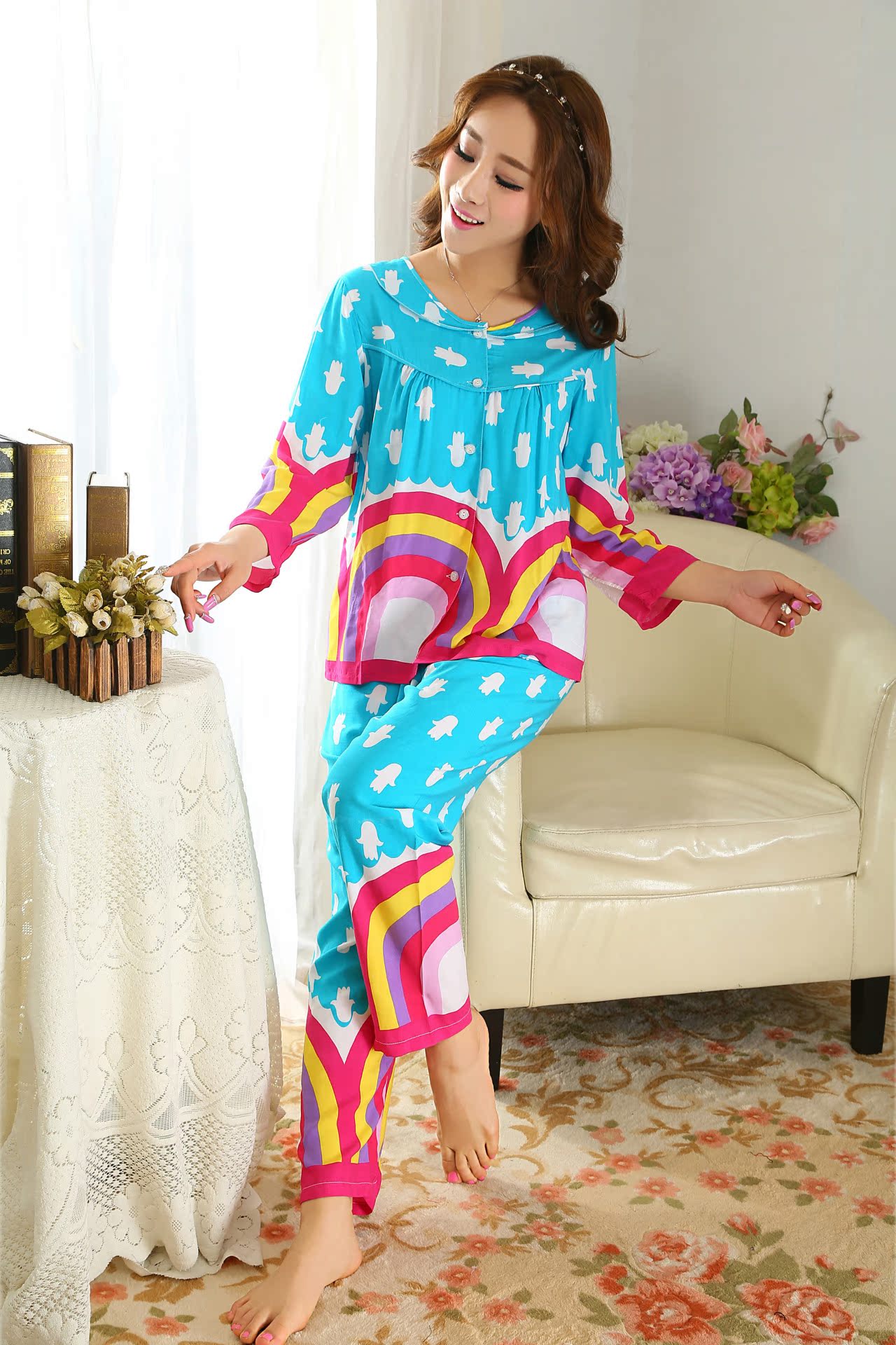 春秋季新品韩版女士绵绸睡衣套装长袖大码家居服全棉睡衣女