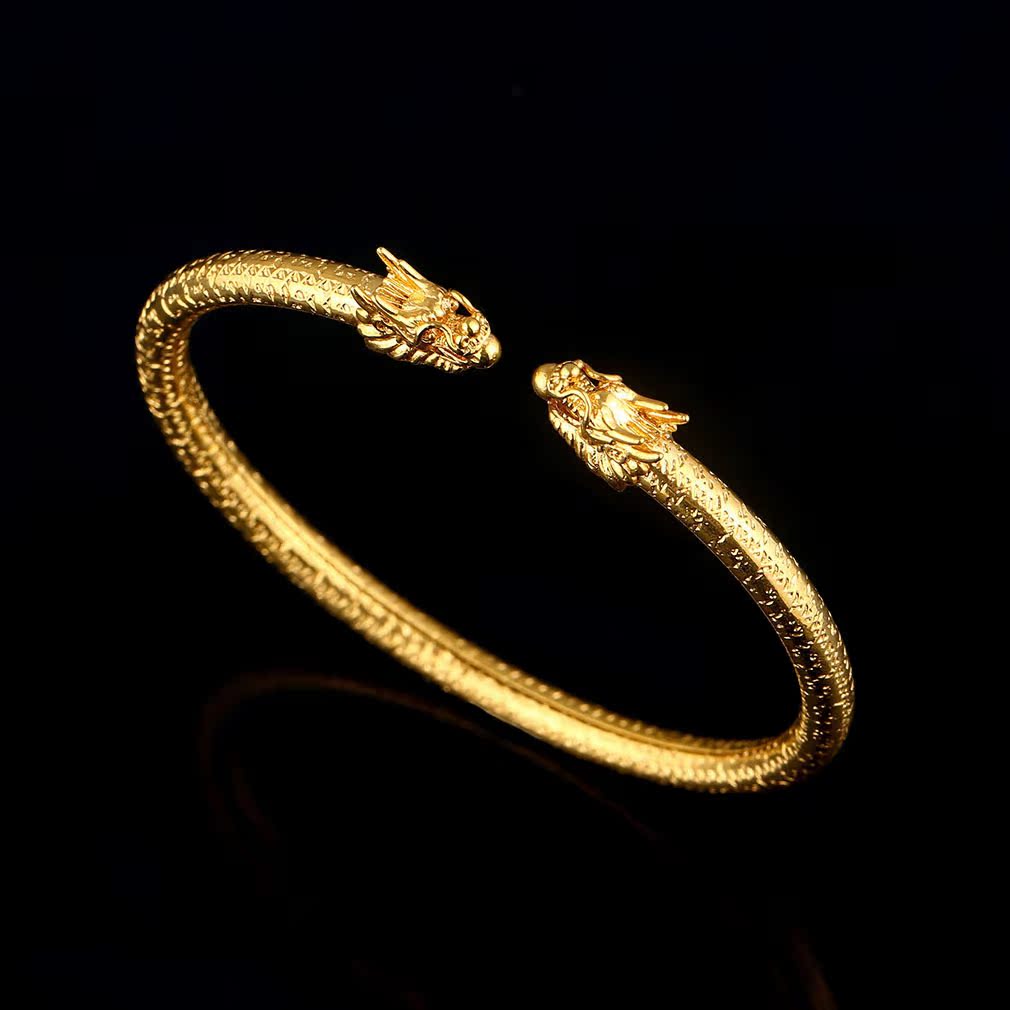 铜手镯 镀18k真金 开口金龙戏珠款 男女款 高仿黄金新娘手镯 批发