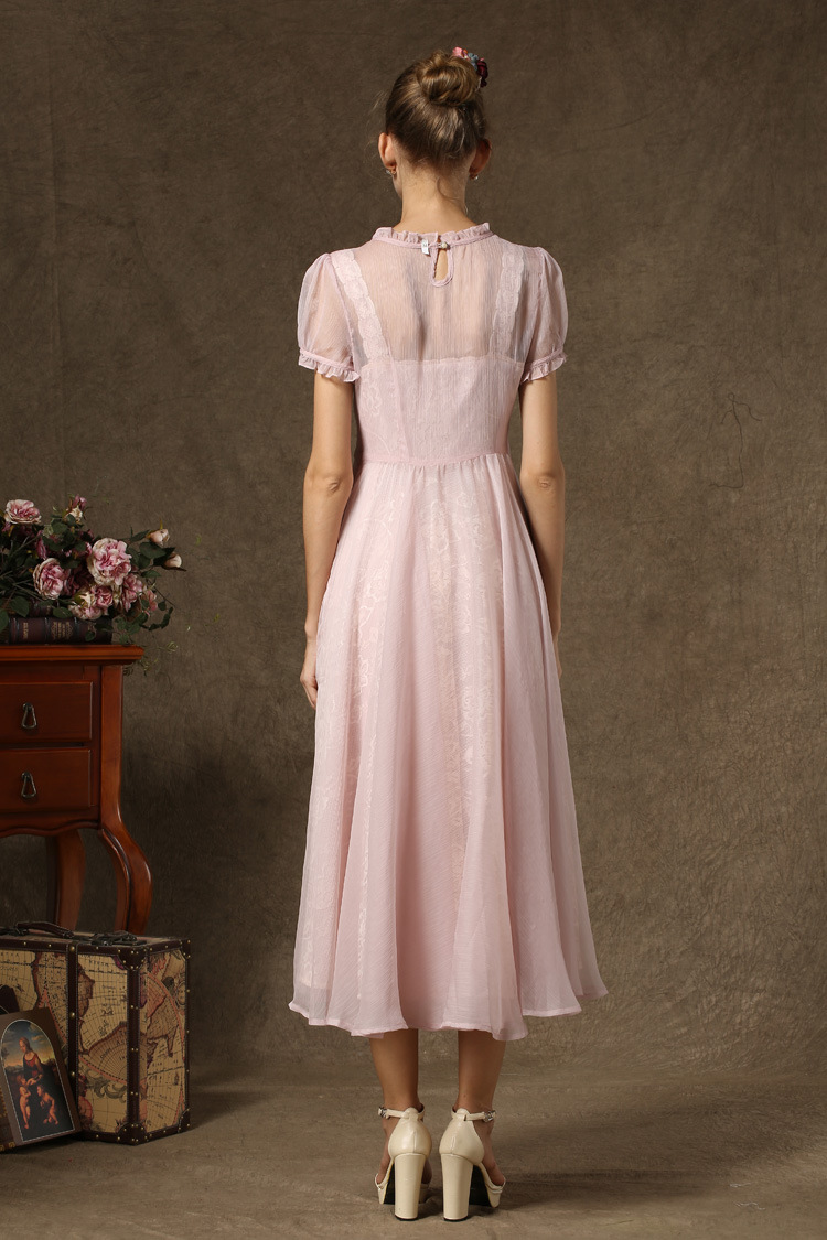 早秋欧洲站高端女装绣花荷叶袖雪纺连衣裙蕾丝优雅仙女连衣裙气质