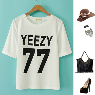 2014新款春夏装韩版圆77字母图案打底衫短袖女t恤潮装代发直销爆