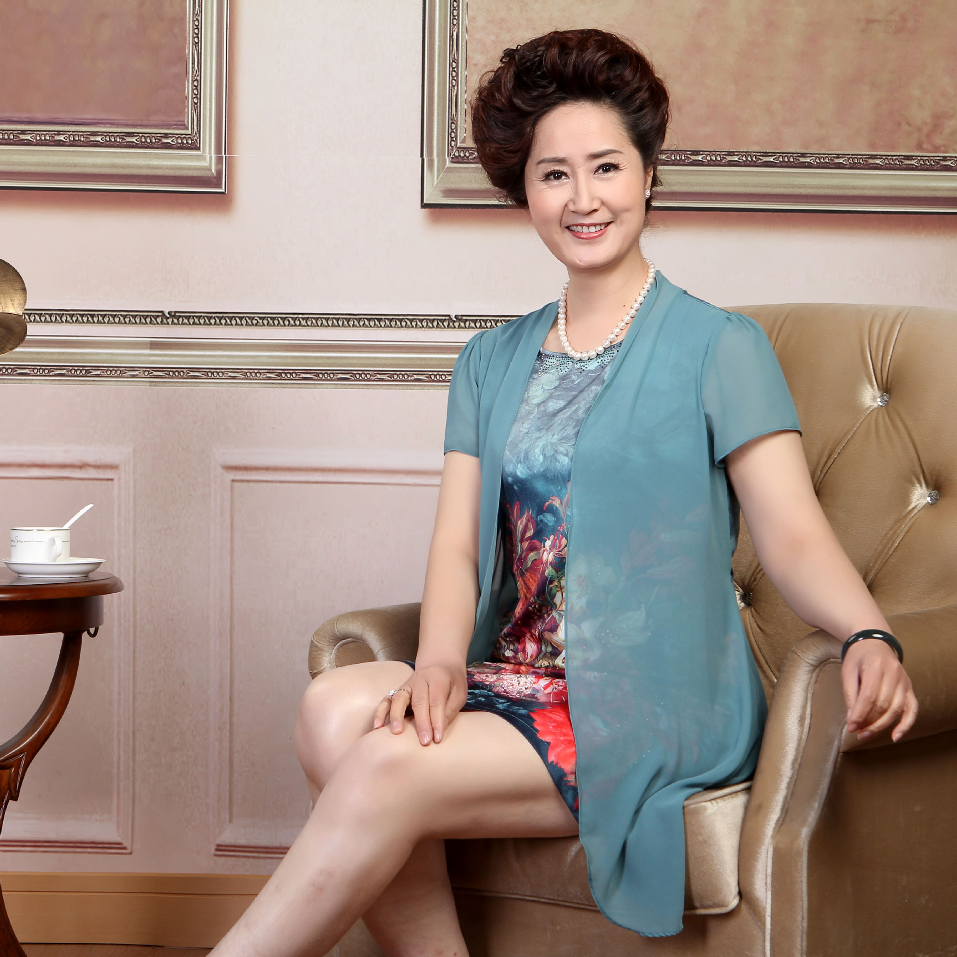 2014春夏新款中老年女装连衣裙批发老年女人夏装假两件长裙新款