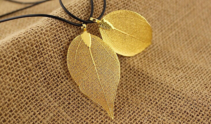 大号天然24k镀金树叶黄金叶子新款女毛衣链女项链流行饰品吊坠