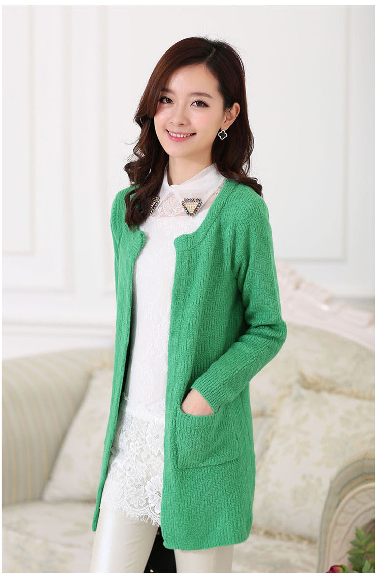 2014春秋女装圆领j时尚百搭简约针织开衫中长款宽松薄毛衣针织衫图片