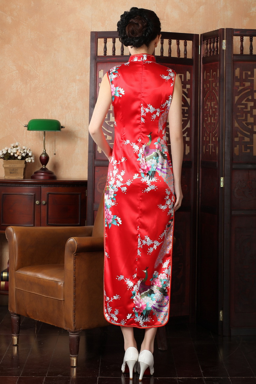 孔雀滴水无袖长旗袍 红色 礼仪迎宾旗袍裙 夏季女装连衣裙