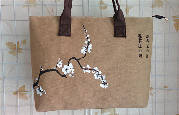 2014春夏季新款韩版女士大包亚麻布手绘梅花手提包单肩包挎包女包图片