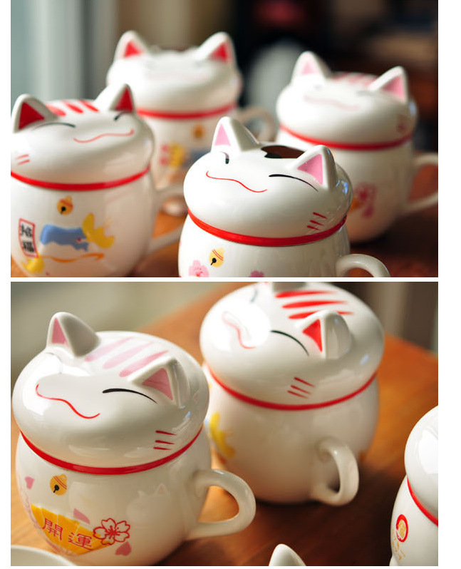 新年财运杯招财猫陶瓷杯带盖咖啡水杯猫咪马克杯创意杯子批发