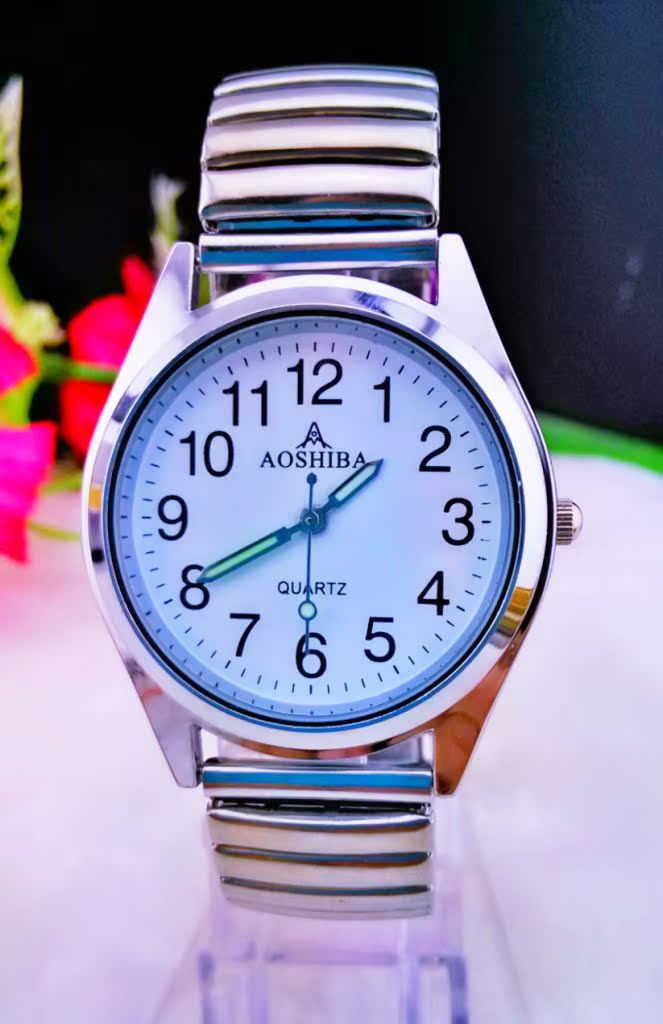 数字表盘男士石英指针弹力钢带石英指针手表老人表精密防水