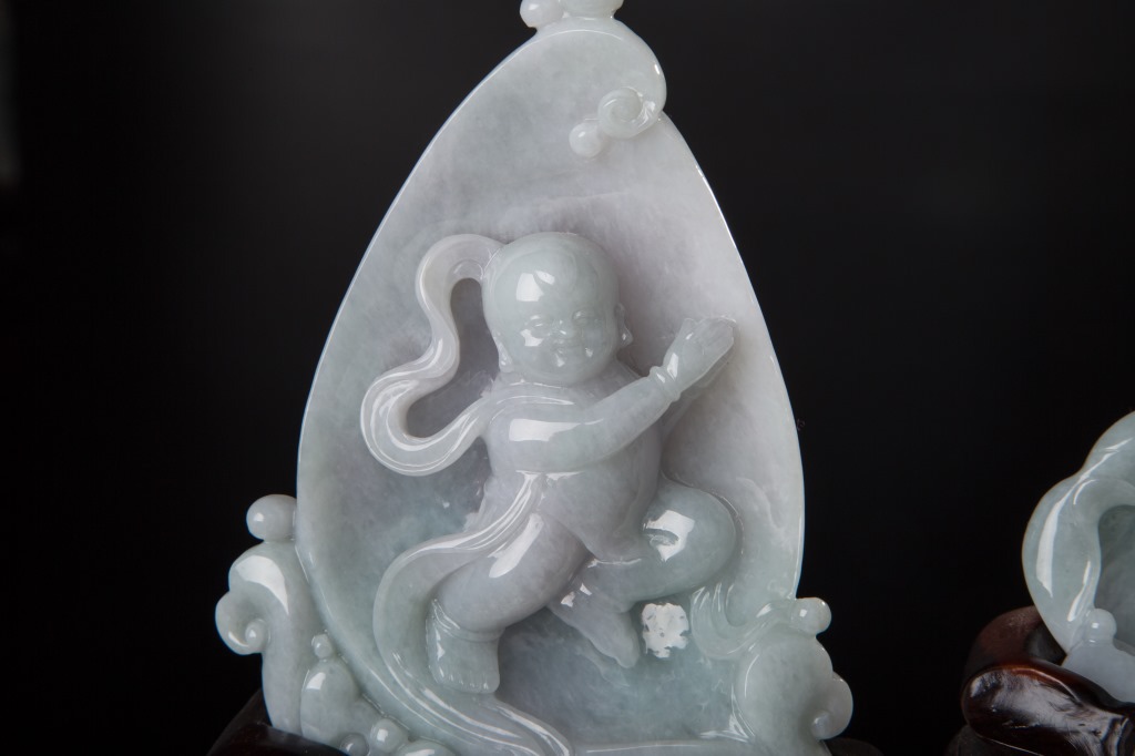 缅甸玉天然翡翠a货 糯种人物翡翠摆件 童子拜观音 可出证书