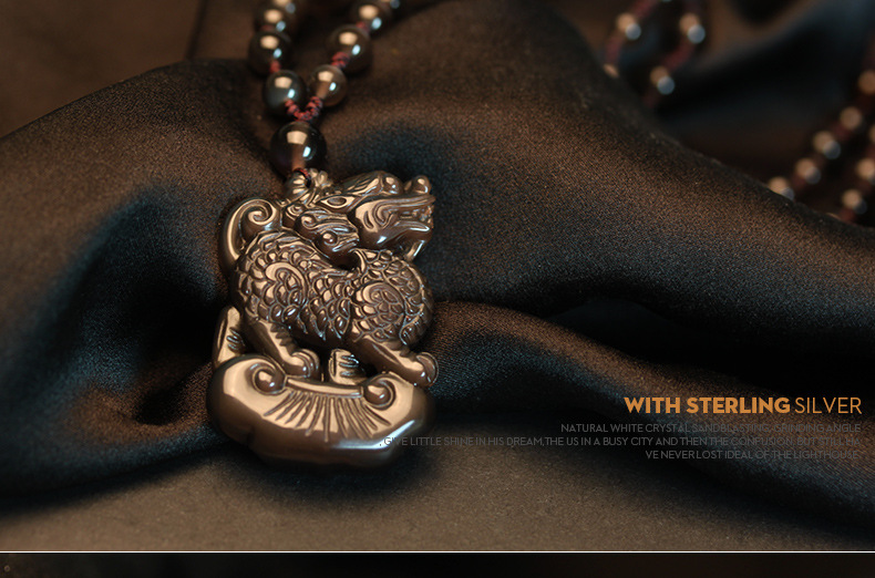 丰华珠宝 本命年开运饰品吊坠天然水晶冰种黑曜石如意麒麟项链