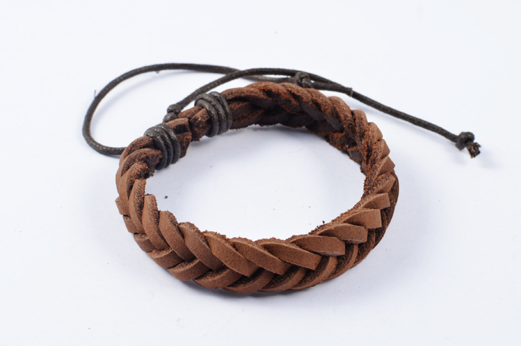 韩国男士款编织皮绳手链 棕色麻绳手链 手工皮质手链 饰品批发