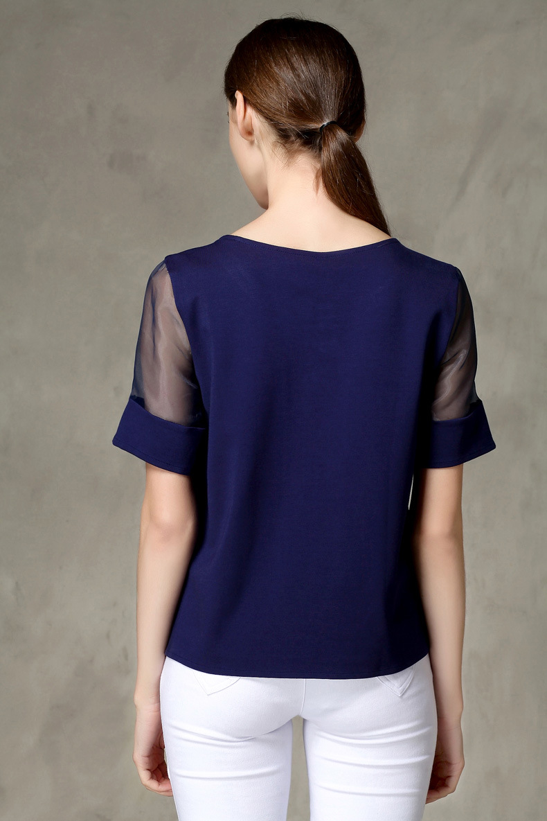 2015夏装新款1336欧根纱短袖t恤直筒圆领镶钻上衣91073