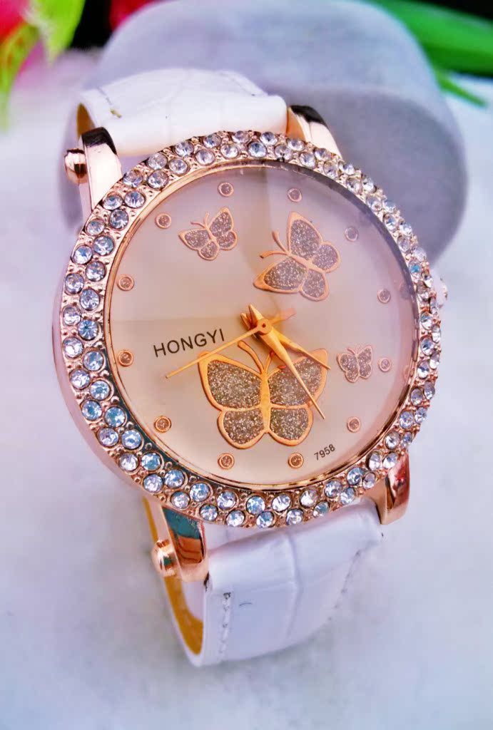 a蝴蝶镶钻表盘女士皮带石英指针手表,女表 厂家直销#9
