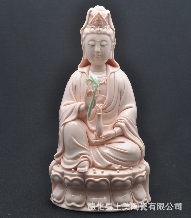 【上美】德化陶瓷12吋坐古莲杨柳净瓶观音粉釉 图