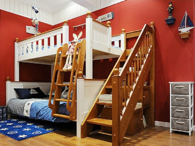 供应手感光滑小孩上下床 环保无味漆松木儿童床 带滑梯收纳双层床