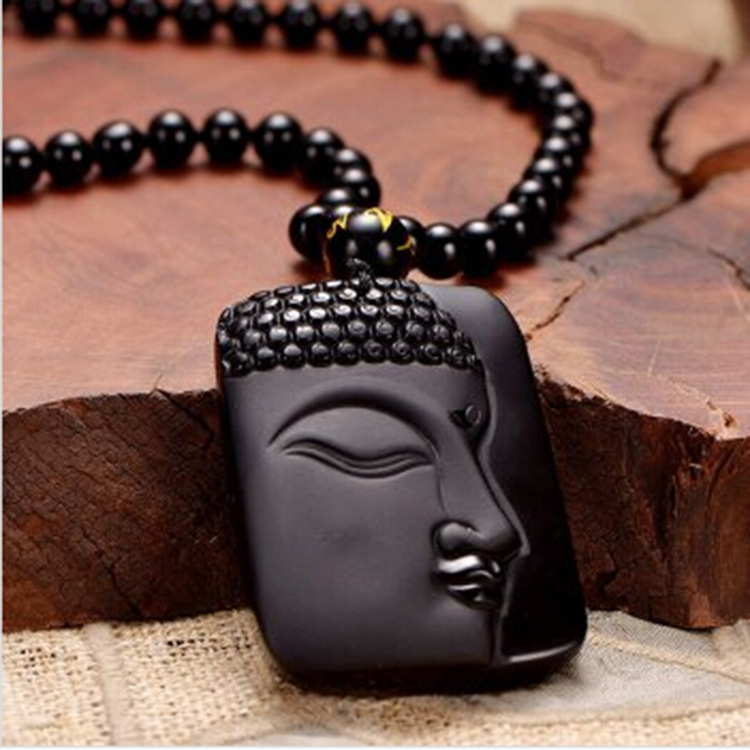 纯天然水晶黑曜石水晶释迦摩尼半面佛佛头吊坠招财辟邪保平安