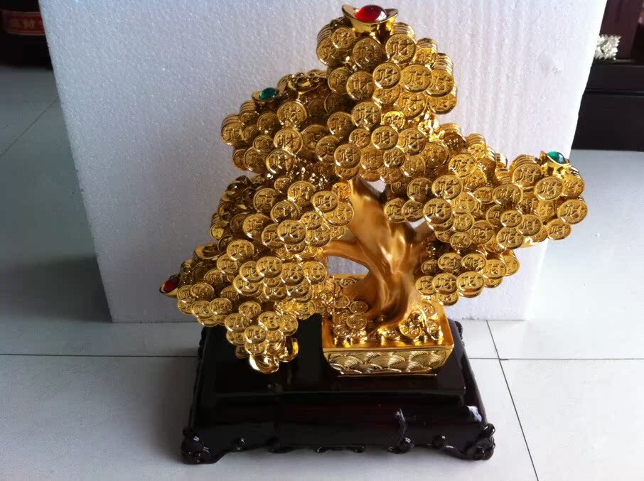 金色发财树新款摇钱树 招财树脂工艺品装饰摆件 办公家居开业礼品