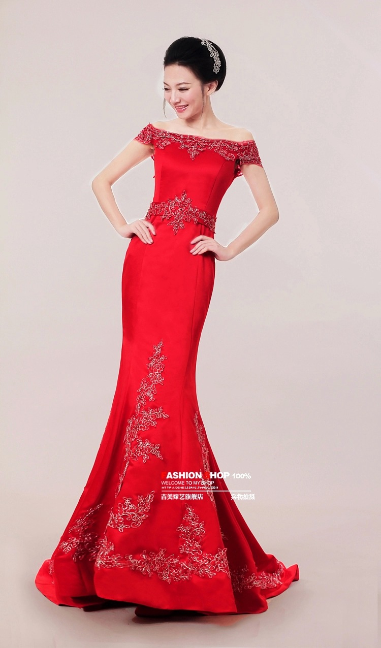 高档礼服2014新款一字肩韩版修身鱼尾新娘结婚礼服 聚会 晚会礼服图片