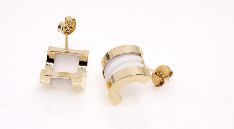 白色陶瓷与钛钢完美搭配半圆环耳钉金色玫瑰金可选防过敏钛钢女