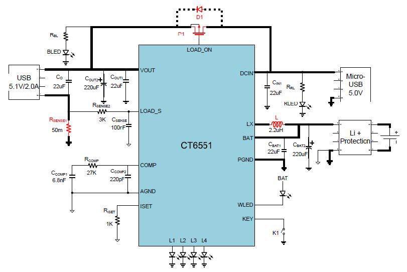 移動電源方案芯片ct6551典型應用電路圖