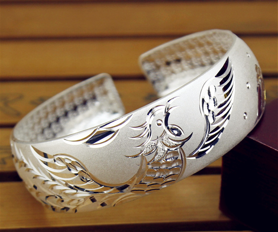 999千足银银镯子首饰批发混批凤凰 开口 纯银手镯 车花银手镯