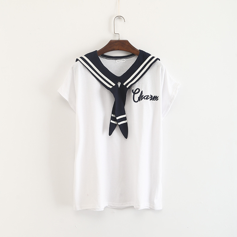 淘宝热销2015春季新款女装日本软妹海军领刺绣字母纯棉短袖t恤女