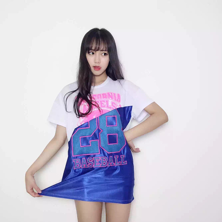 2090韩国东大门代购实拍曹若涵 潮流街头字母刺绣拼接宽松女t恤