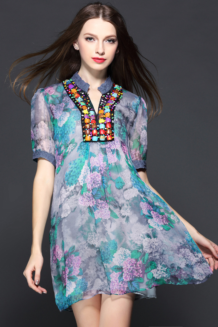 欧美大牌2015春夏季新款女装优雅真丝短袖连衣裙天然桑蚕丝裙子女