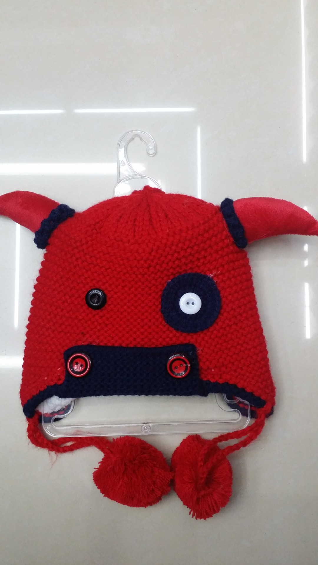 儿童针织冬帽批发 手工钩花牛角图片_9