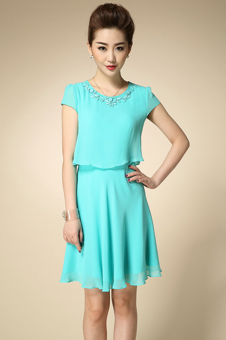 落花丝序纯色高档短袖真丝连衣裙2015女夏装 中长双层重磅桑蚕丝