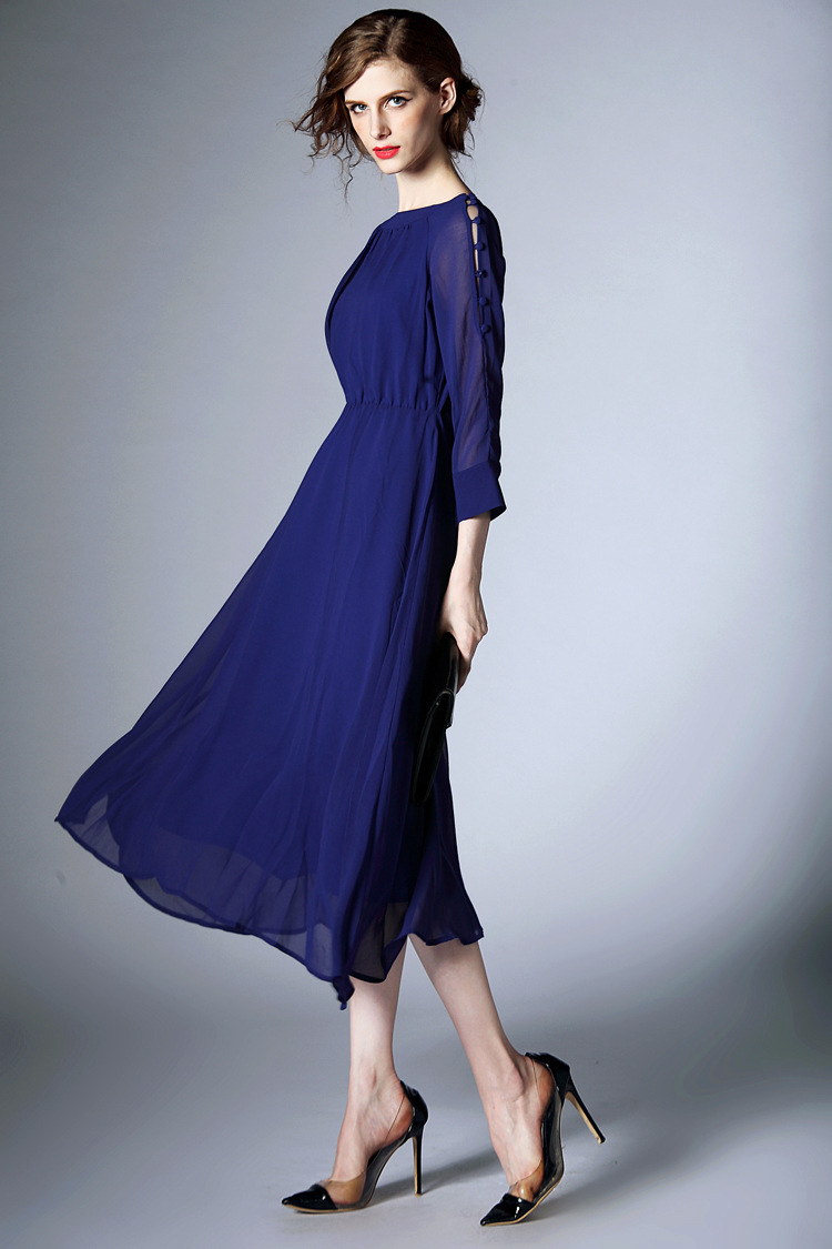 欧美时尚女装2015早秋新品 七分袖圆领纯色休闲气质连衣裙 新潮