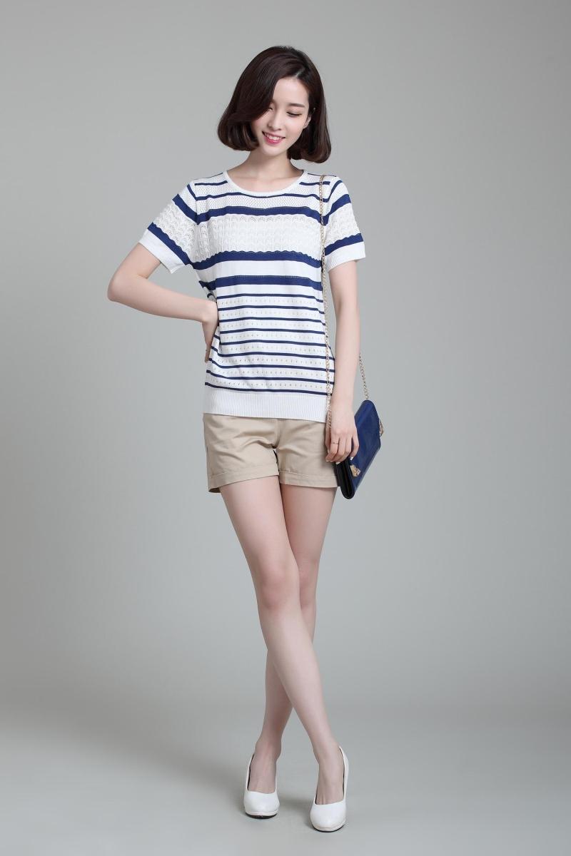 2015夏装爆款女士t恤宽松清凉t恤女镂空圆领条纹短袖地摊货源批发
