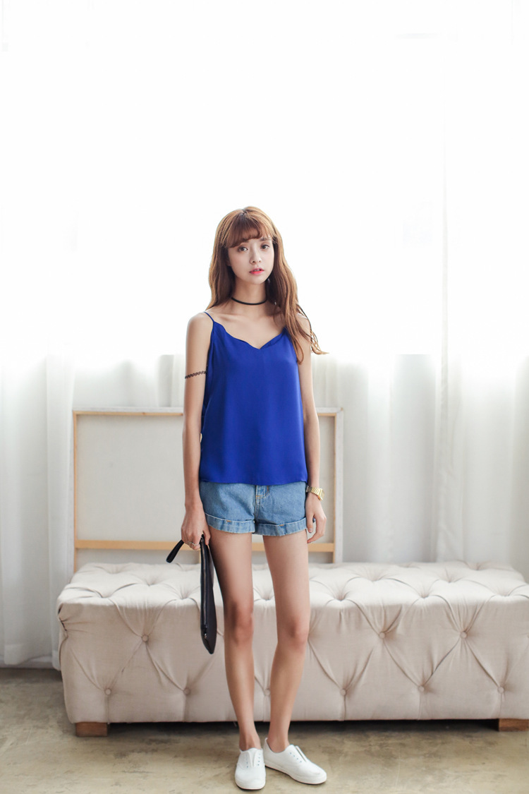 2015韩国夏装新款甜美清新三层雪纺背心小吊带女糖果色打底吊带衫