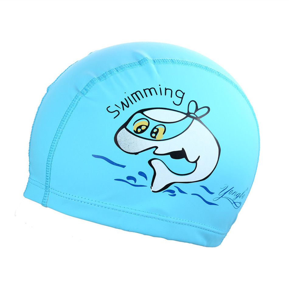 新品热销 儿童pu涂层卡通游泳帽 儿童泳帽 防水护耳pu帽海豚图案