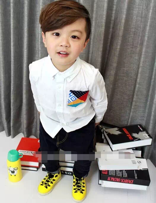 格丽童装2015秋季新品明星同款男童拼色口袋长袖白衬衫潮