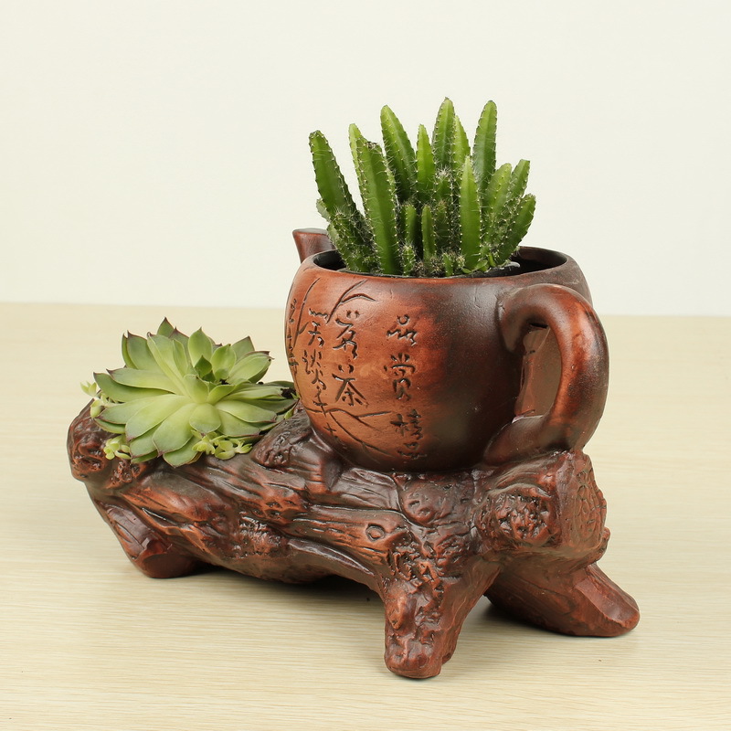 新款多肉大花盆红陶 创意茶壶形状绿植盆栽 工艺品摆件 10063