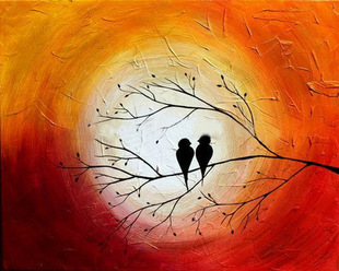 纯手绘抽象油画 枝头报喜鸟好事成双装饰画 客厅书房高品质装饰画