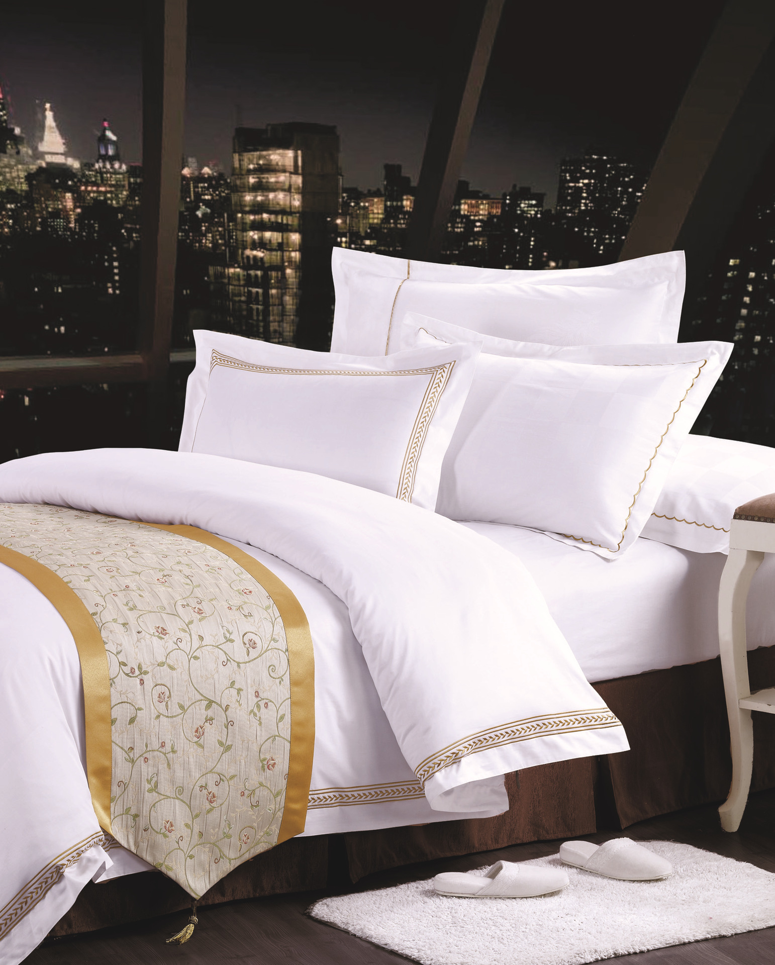 宾馆酒店床上用品 客房布草 全棉贡缎 白色纯色 绣边装饰