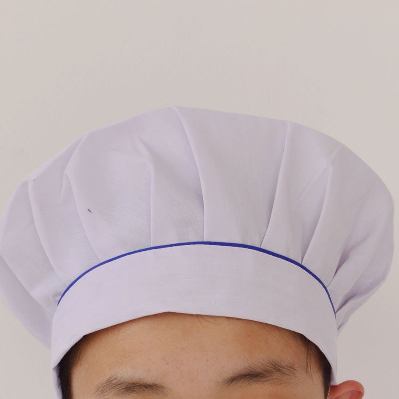 现货批发 白色蓝边布厨师帽 一次性厨师帽 酒店大师傅厨师帽