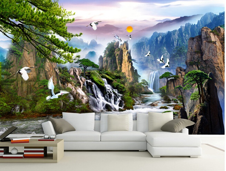 中式现代山水远景壁画 田园壁纸 大厅客厅书房办公室背景墙纸墙布