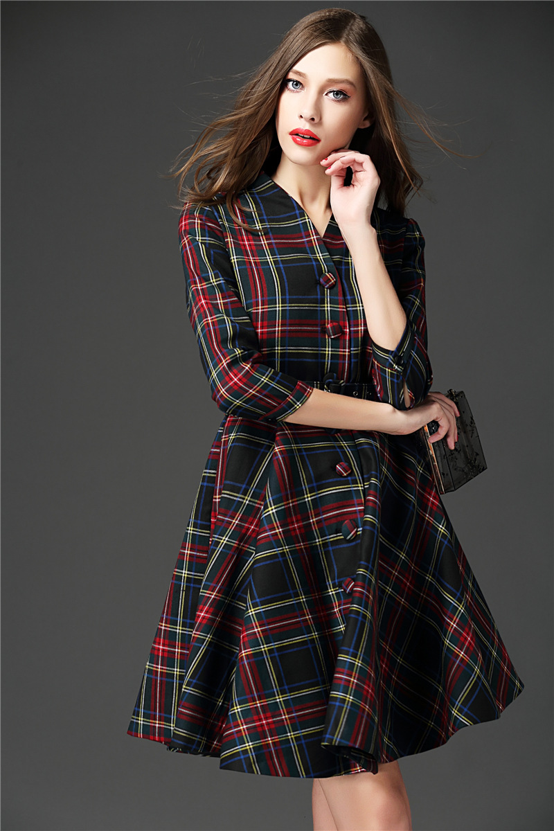 2016欧美女装 夏装新款 气质v领大牌格子印花连衣裙配腰带