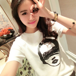 韩国东大门代购2015春装新款女人头像图案短袖t恤女 上衣 好质量