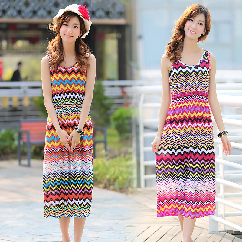 2015夏季中长款地中海风情连衣裙 沙滩背心裙中腰无袖裙打底裙