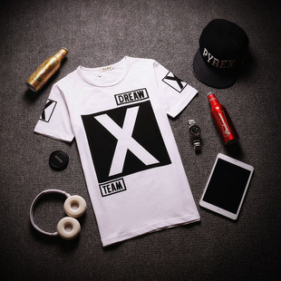 2015年春夏季最新款短袖潮牌单品字母x图案印花男士休闲纯棉t恤